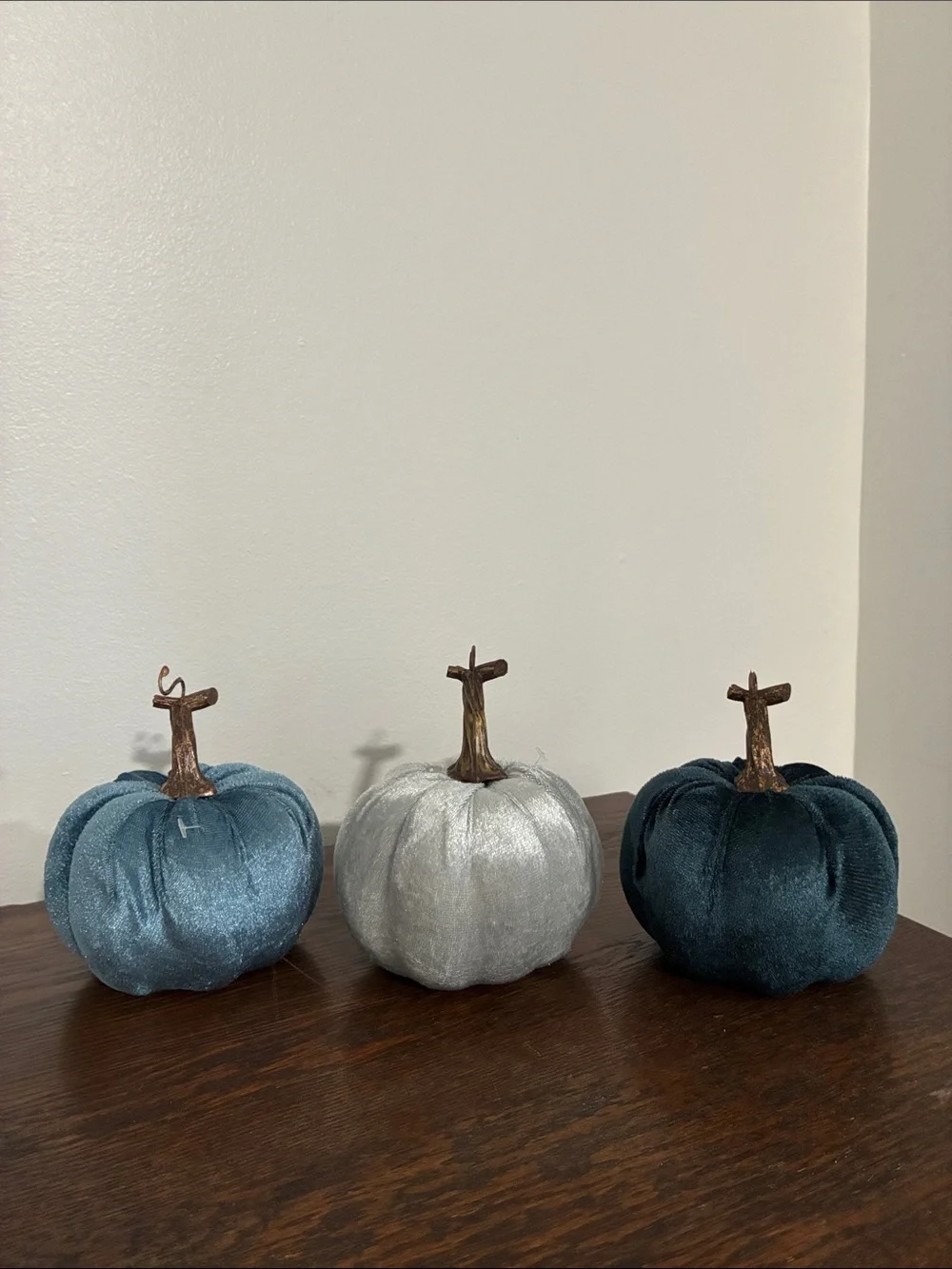 NWT Set of 3- Velvet Pumpkins- Dark Blue, Silver, Teal Fall Holiday Decorations